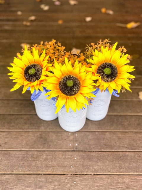 Sunflowers Large White 3 Set Mason Jars