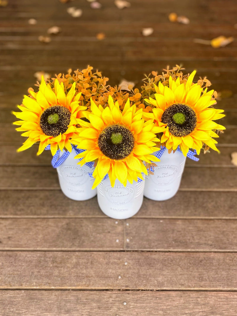 Sunflowers Large White 3 Set Mason Jars
