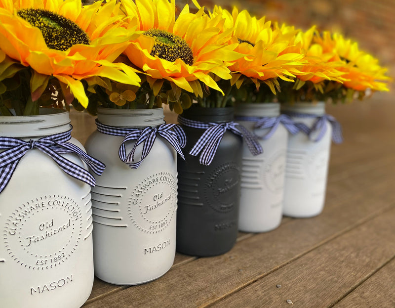 Sunflowers Large White and Grey 5 Set Mason Jars