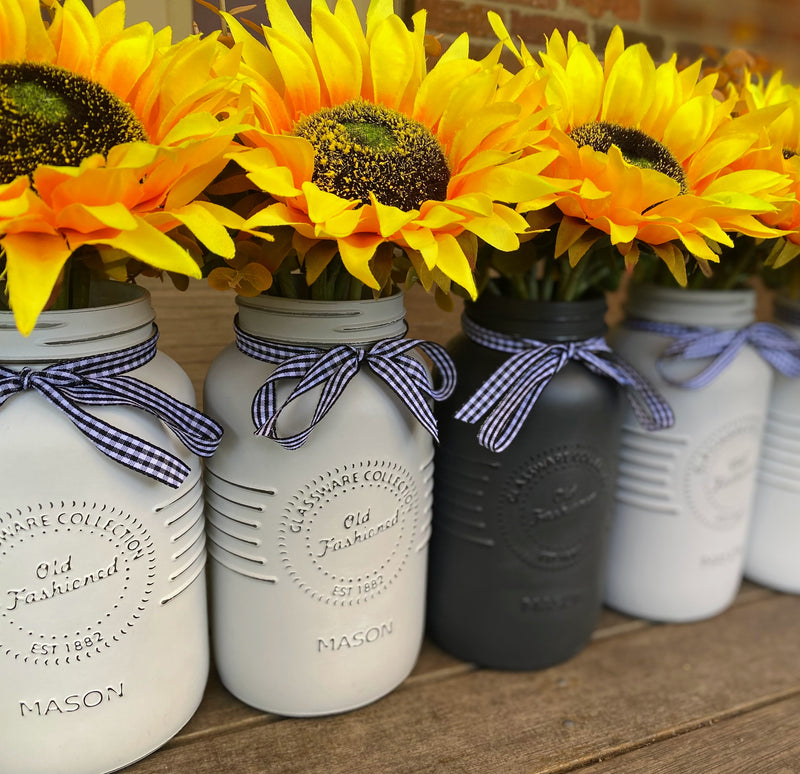 Sunflowers Large White and Grey 5 Set Mason Jars