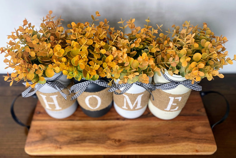 Eucalyptus Burlap Painted HOME Large 4 Set Mason Jars