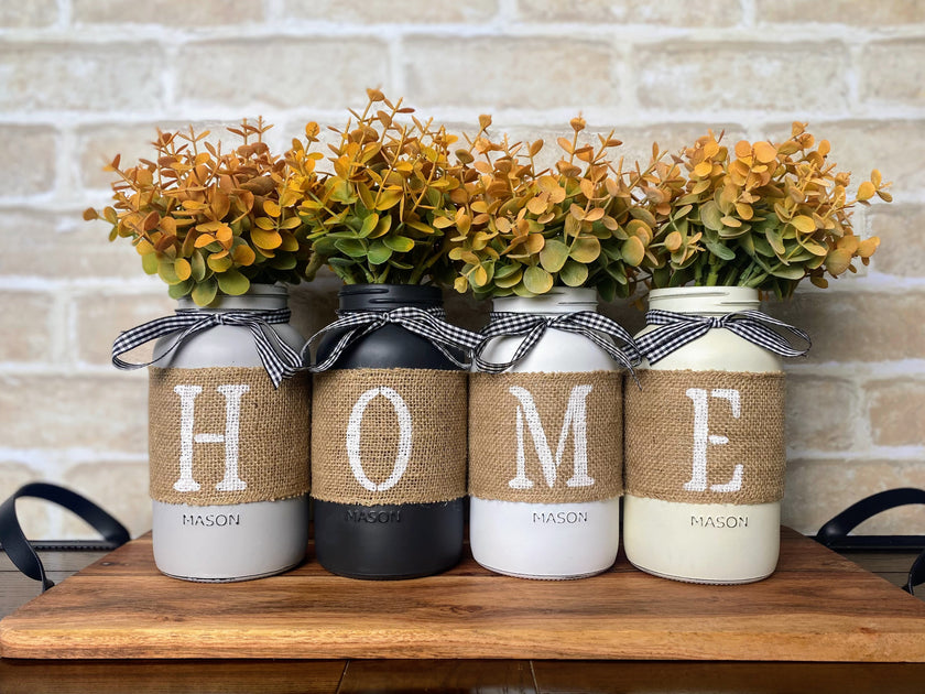 Eucalyptus Burlap Painted HOME Large 4 Set Mason Jars