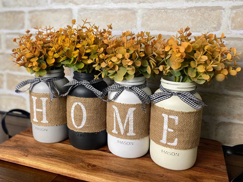 Eucalyptus Burlap Painted HOME Large 4 Set Mason Jars