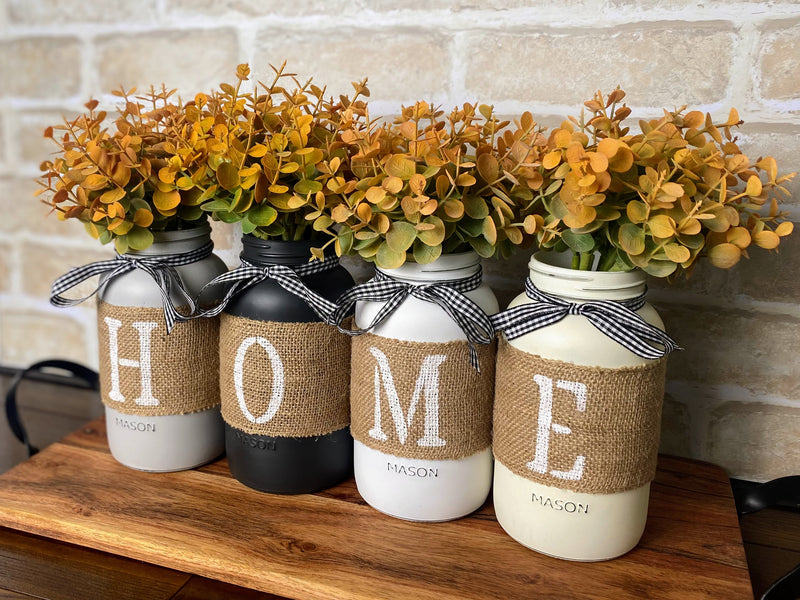 Eucalyptus Burlap Painted HOME Large 4 Set Mason Jars