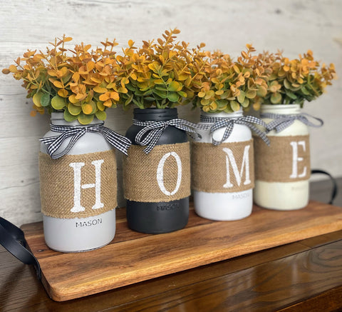 Eucalyptus Burlap Painted HOME Large 4 Set Mason Jars