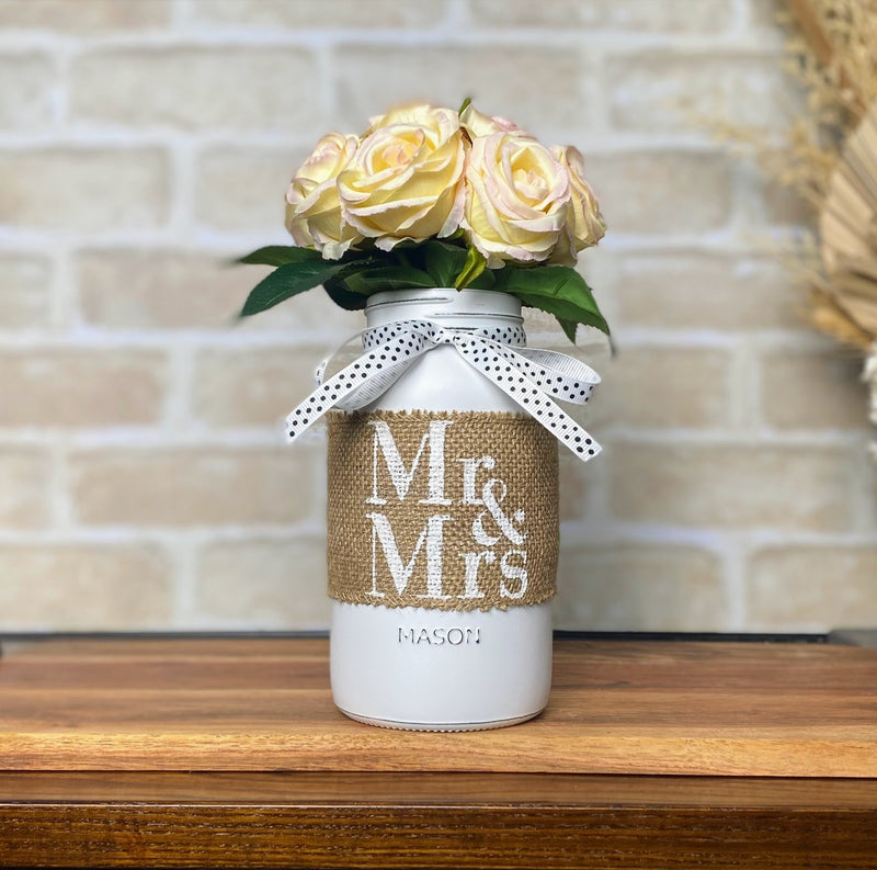Mr and Mrs Wedding Table Centrepiece with Blush Pink Roses Large White Mason Jar White Polka Dot Ribbon
