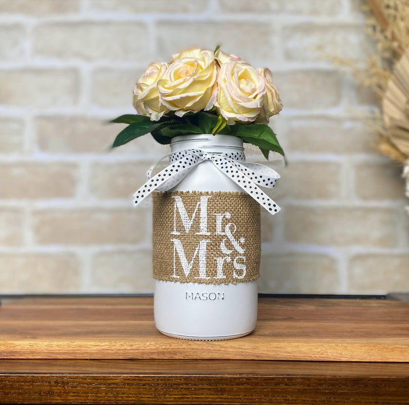 Mr and Mrs Wedding Table Centrepiece with Blush Pink Roses Large White Mason Jar White Polka Dot Ribbon
