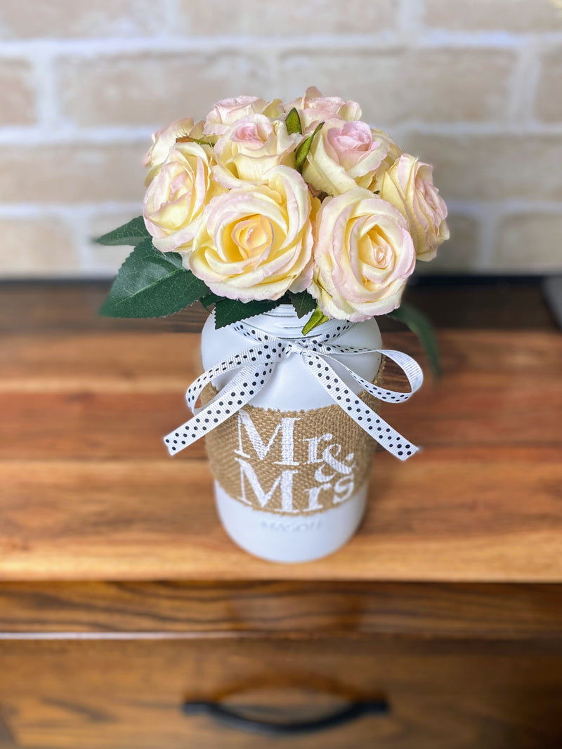 Mr and Mrs Wedding Table Centrepiece with Blush Pink Roses Large White Mason Jar White Polka Dot Ribbon