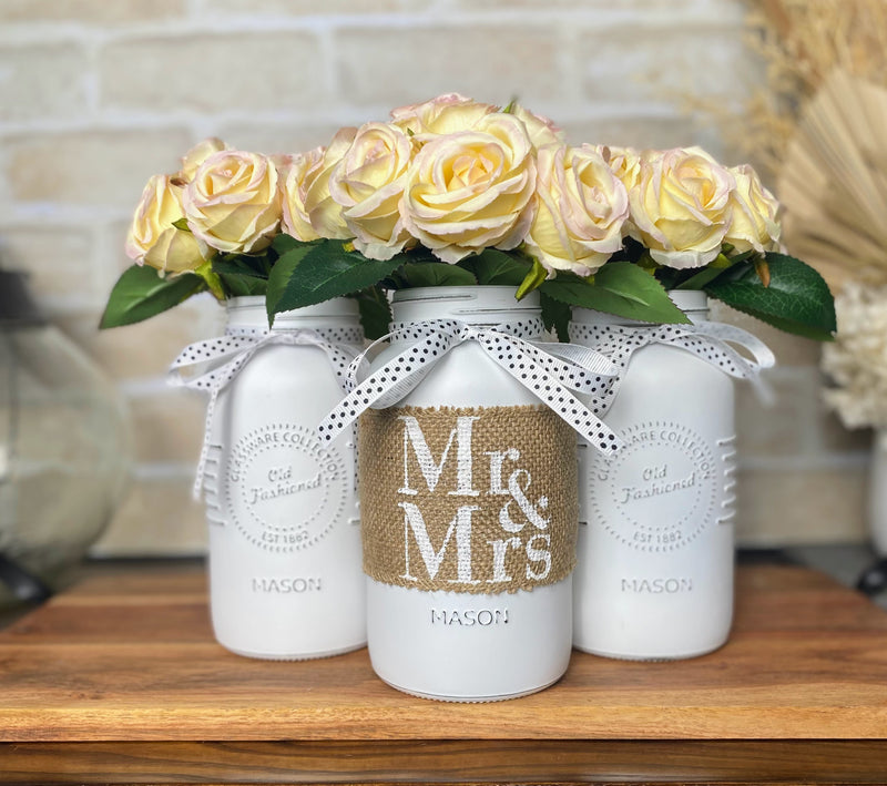 Mr and Mrs Wedding Table Centerpiece Blush Pink Roses Large White 3 Set Mason Jars