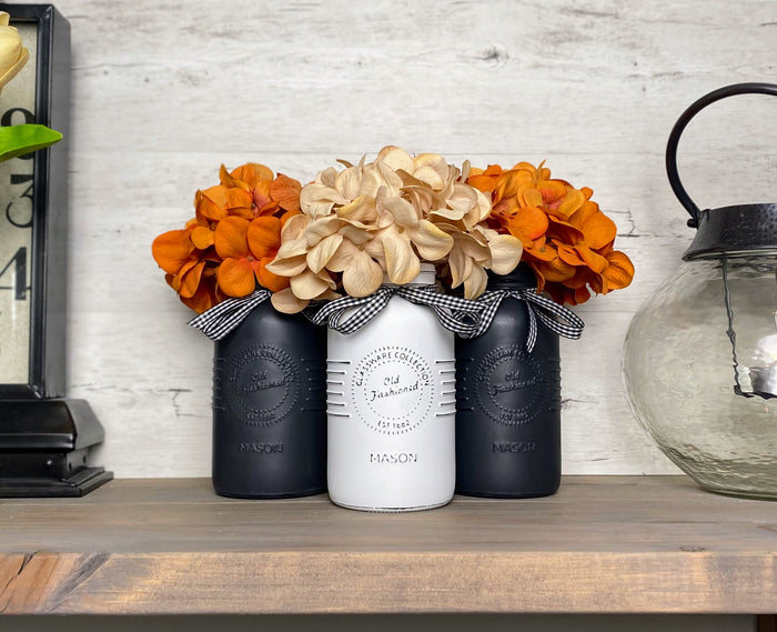 Orange and Cream Hydrangeas Large White and Black 3 Set Mason Jars