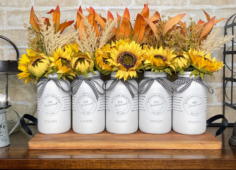 Sunflowers, Pampas Grass, Gum Leaves, Large White 5 Set Mason Jars