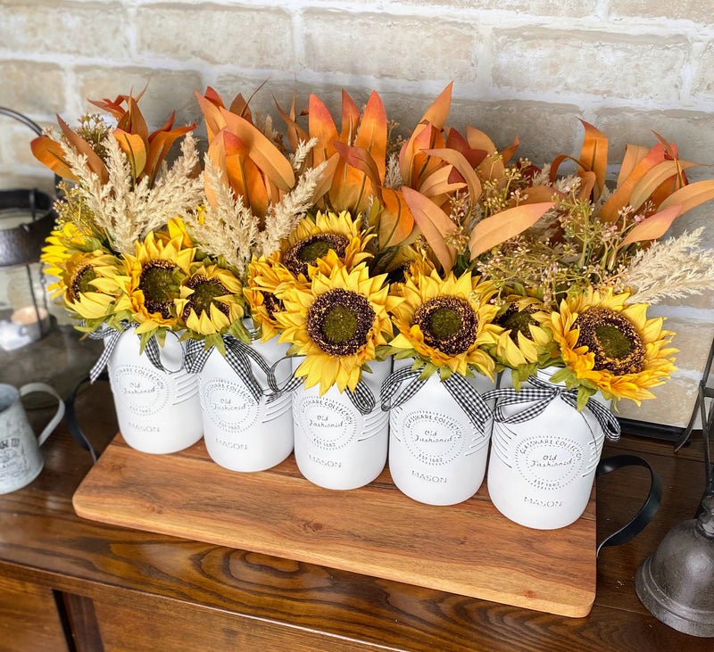 Sunflowers, Pampas Grass, Gum Leaves, Large White 5 Set Mason Jars