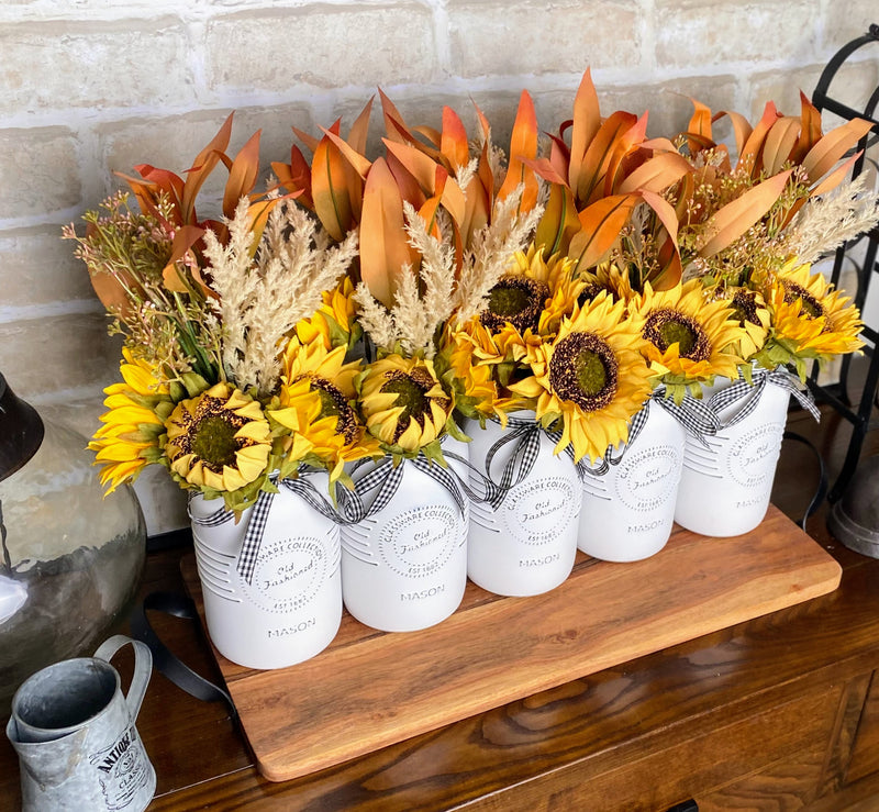 Sunflowers, Pampas Grass, Gum Leaves, Large White 5 Set Mason Jars