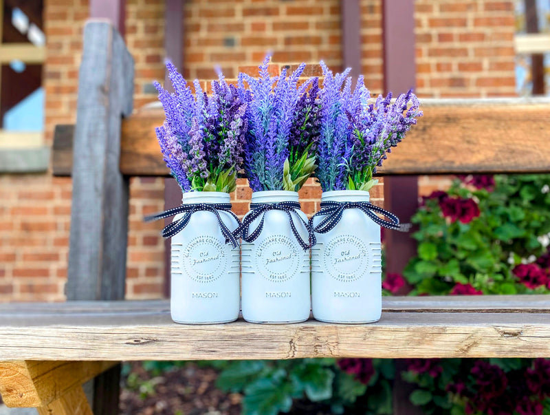 Lavender Large White 3 Set Mason Jars With Grosgrain Stitch Ribbon