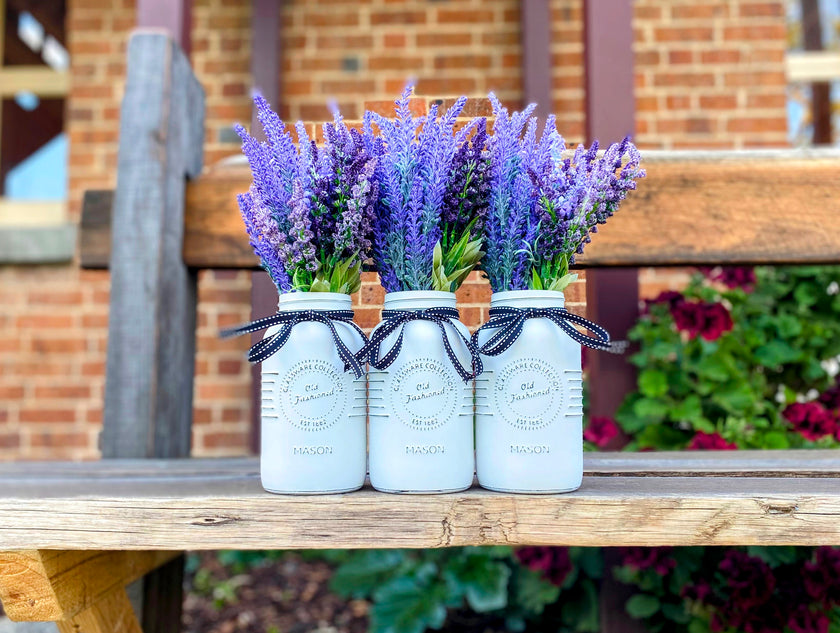 Lavender Large White 3 Set Mason Jars With Grosgrain Stitch Ribbon