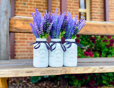 Lavender Large White 3 Set Mason Jars With Grosgrain Stitch Ribbon