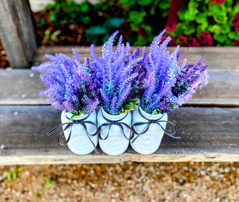 Lavender Large White 3 Set Mason Jars With Grosgrain Stitch Ribbon