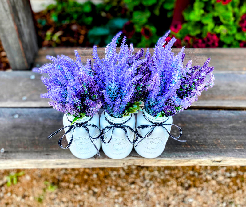 Lavender Large White 3 Set Mason Jars With Grosgrain Stitch Ribbon