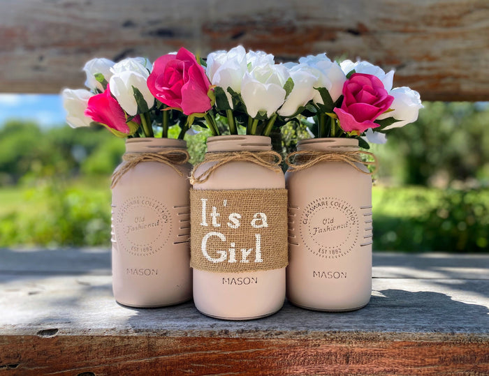 Girl Baby Shower White Tulips and Pink Roses Large 3 Set Mason Jars