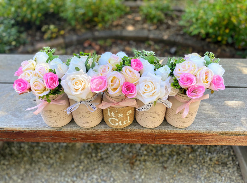 Girl Baby Shower Roses, Tulips Small Blush Pink 5 Set Mason Jars with Pink and White Polka Dot Ribbon