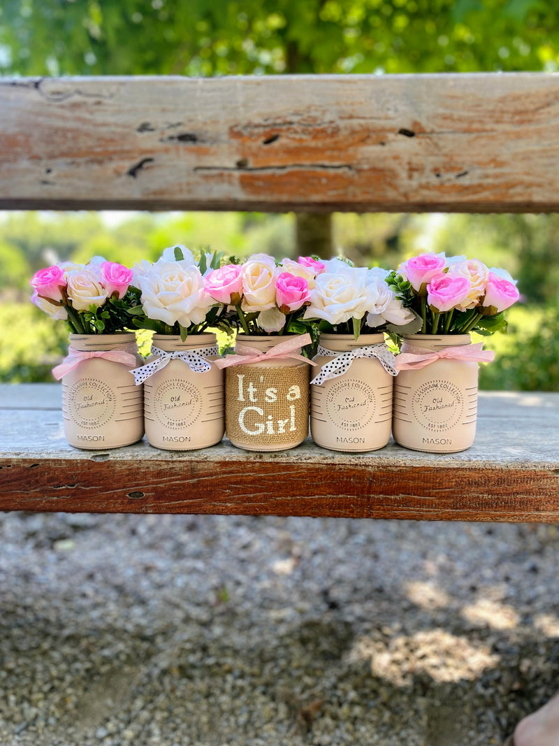 Girl Baby Shower Roses, Tulips Small Blush Pink 5 Set Mason Jars with Pink and White Polka Dot Ribbon