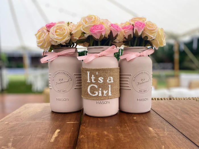 Girl Baby Shower Blush Pink and Hot Pink Roses Large 3 Set Mason Jars
