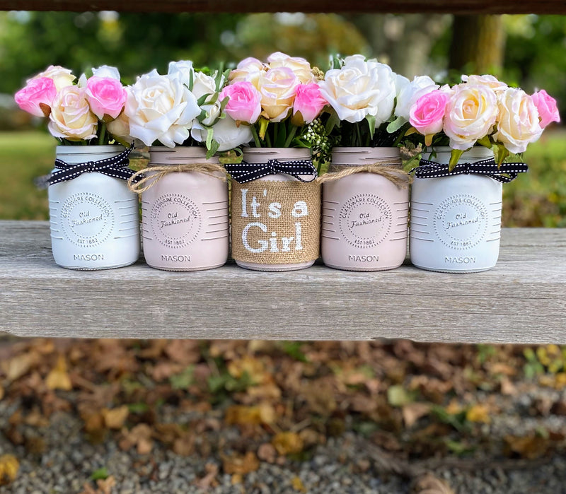 Girl Baby Shower Roses, Tulips Small Blush Pink 5 Set Mason Jars with Twine