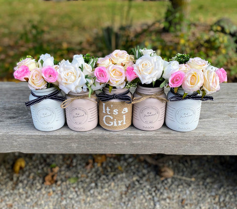 Girl Baby Shower Roses, Tulips Small Blush Pink 5 Set Mason Jars with Twine