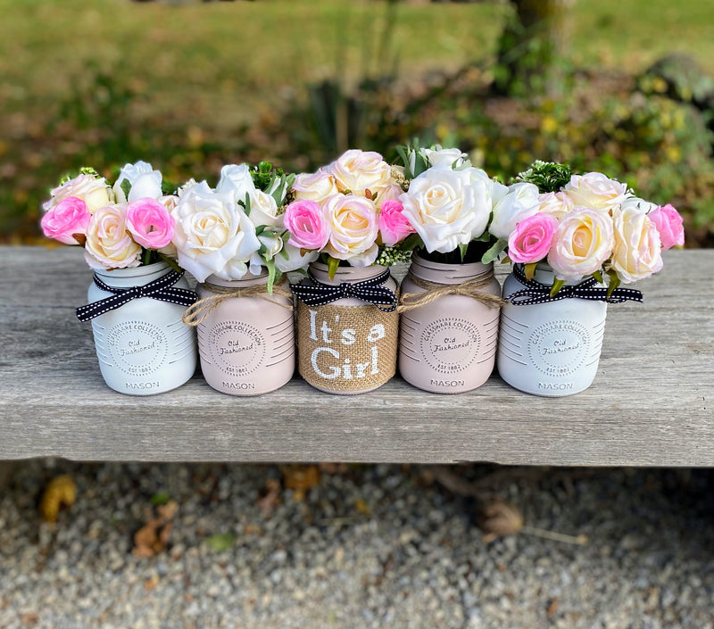 Girl Baby Shower Roses, Tulips Small Blush Pink 5 Set Mason Jars with Twine