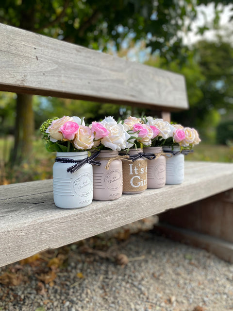 Girl Baby Shower Roses, Tulips Small Blush Pink 5 Set Mason Jars with Twine