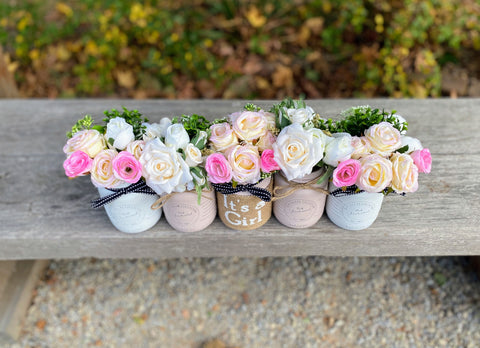 Girl Baby Shower Roses, Tulips Small Blush Pink 5 Set Mason Jars with Twine