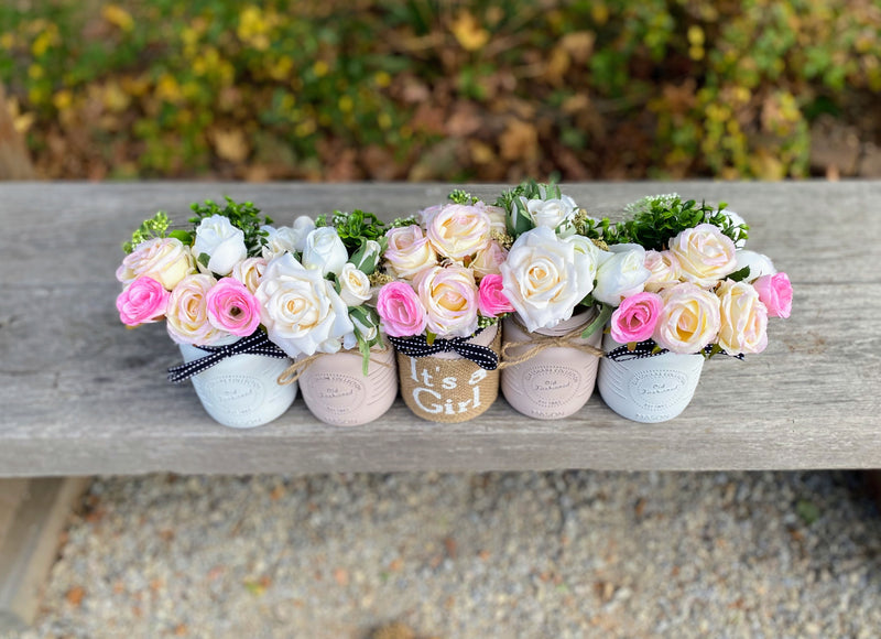 Girl Baby Shower Roses, Tulips Small Blush Pink 5 Set Mason Jars with Twine